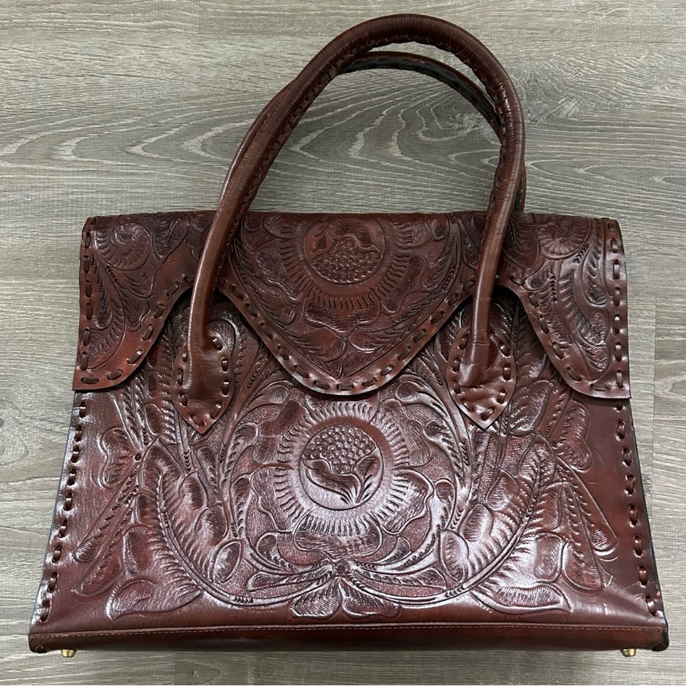 Large Top Handle Messenger Satchel Handtooled Leather Bag